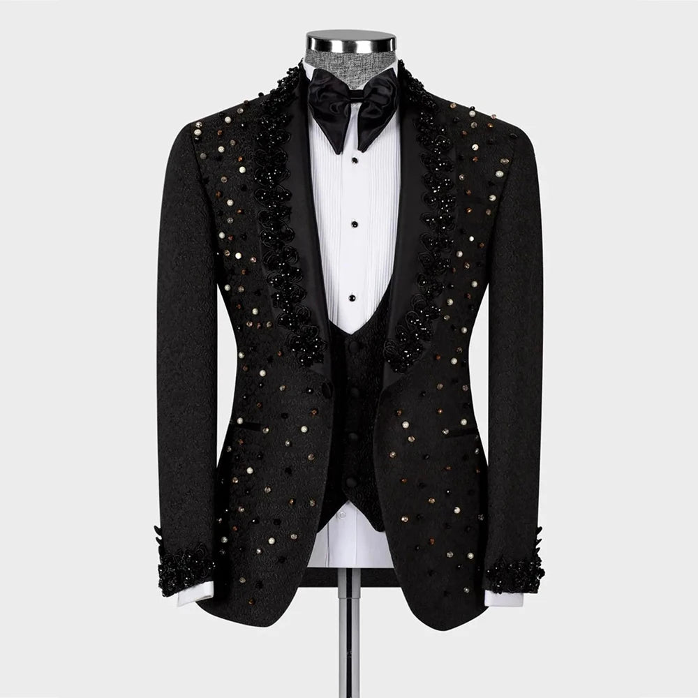 Jewelry Ornament Suits Men Tailor Made Floral Pattern Beaded Prom Blazer Wedding Party 3 Pieces Groom Wear Tuxedos Costume Homme