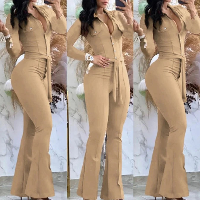 Jumpsuit Women Autumn Fashion Button Casual Turn-Down Collar Long Sleeve Skinny Bootcut Jumpsuit with Belt Y2K Streetwear