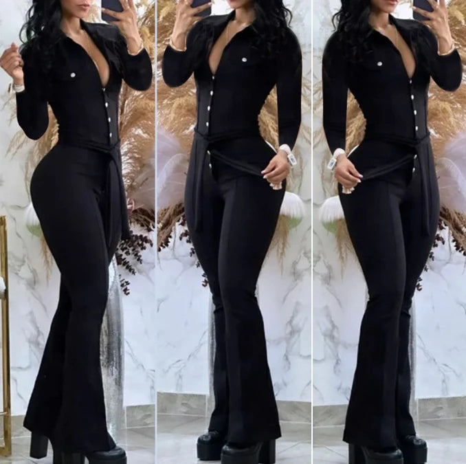 Jumpsuit Women Autumn Fashion Button Casual Turn-Down Collar Long Sleeve Skinny Bootcut Jumpsuit with Belt Y2K Streetwear