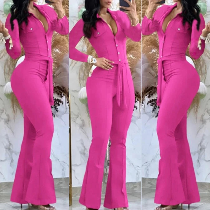 Jumpsuit Women Autumn Fashion Button Casual Turn-Down Collar Long Sleeve Skinny Bootcut Jumpsuit with Belt Y2K Streetwear