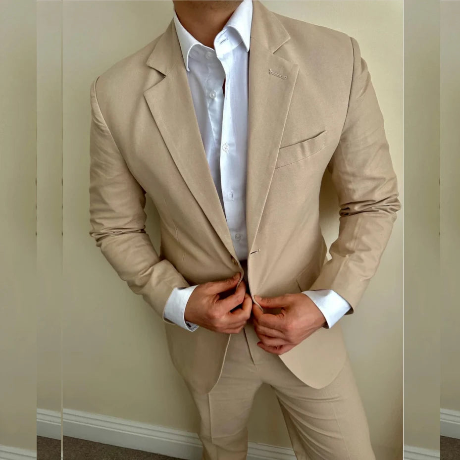 Khaki Man Suits Single Breasted Notched Lapel Flat Regular Length Formal Luxury 3 Piece Jacket Pants Vest Wedding