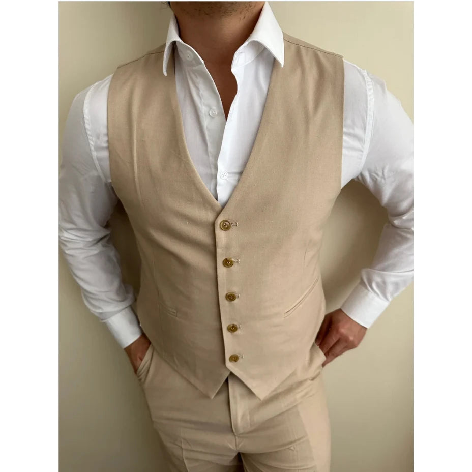 Khaki Man Suits Single Breasted Notched Lapel Flat Regular Length Formal Luxury 3 Piece Jacket Pants Vest Wedding