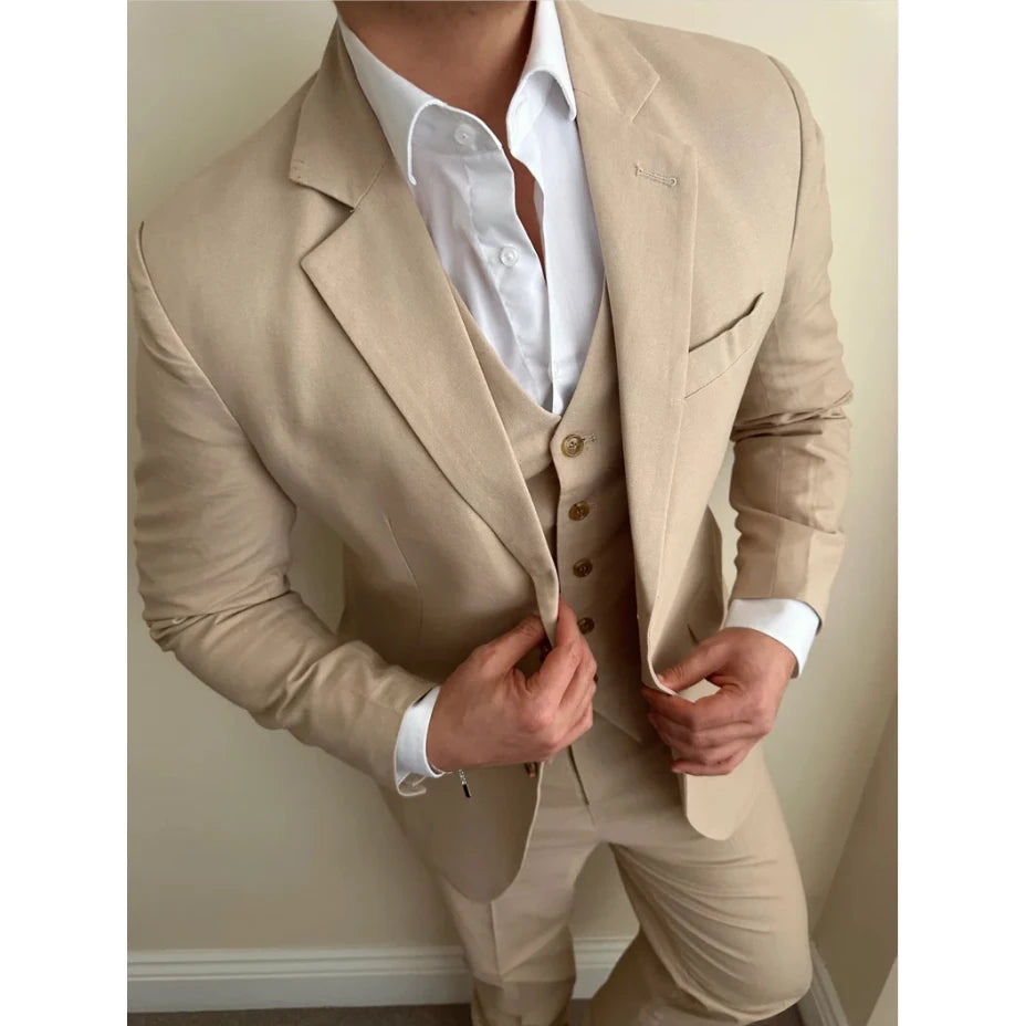 Khaki Man Suits Single Breasted Notched Lapel Flat Regular Length Formal Luxury 3 Piece Jacket Pants Vest Wedding
