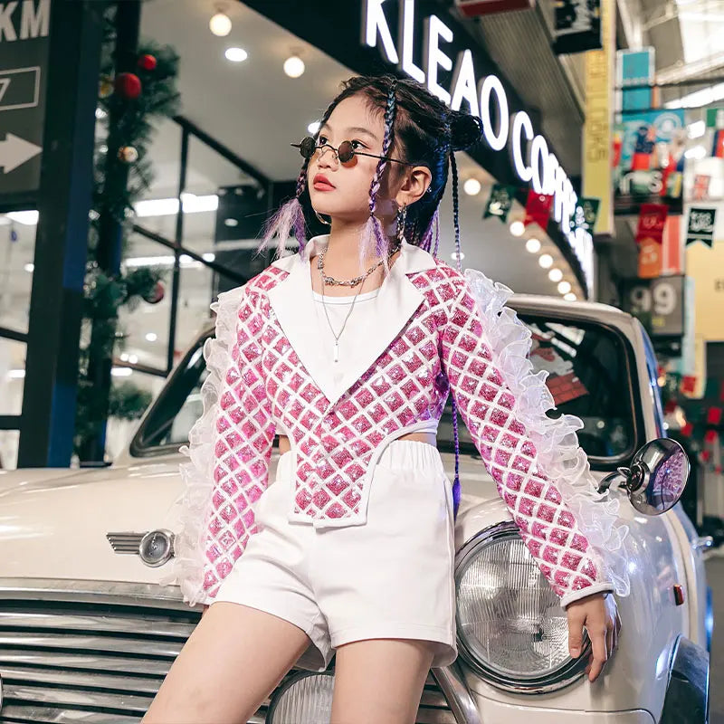 Kids Stage Kpop Outfit Sequins Top White Shorts Girls Hip Hop Clothes Jazz Outfits Street Dance Costume Kpop Clothes