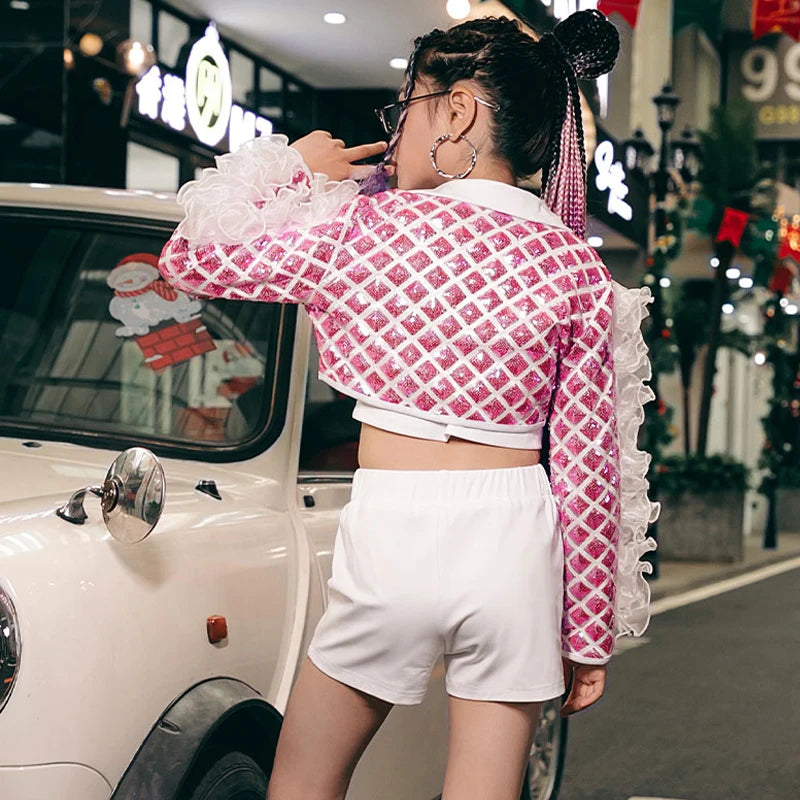 Kids Stage Kpop Outfit Sequins Top White Shorts Girls Hip Hop Clothes Jazz Outfits Street Dance Costume Kpop Clothes