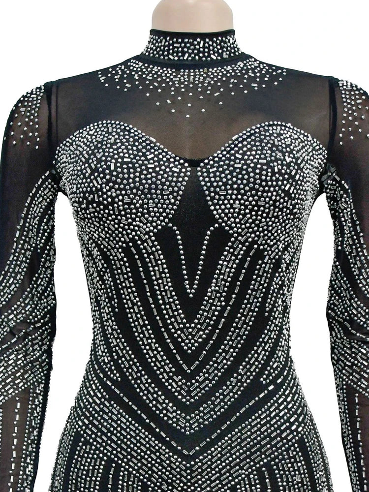 Sexy Rhinestone Crystal See-Through Short Dress Women Luxury Sheer Mesh Patchwork Birthday Clubwear Mini Dresses