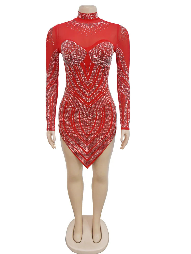 Sexy Rhinestone Crystal See-Through Short Dress Women Luxury Sheer Mesh Patchwork Birthday Clubwear Mini Dresses