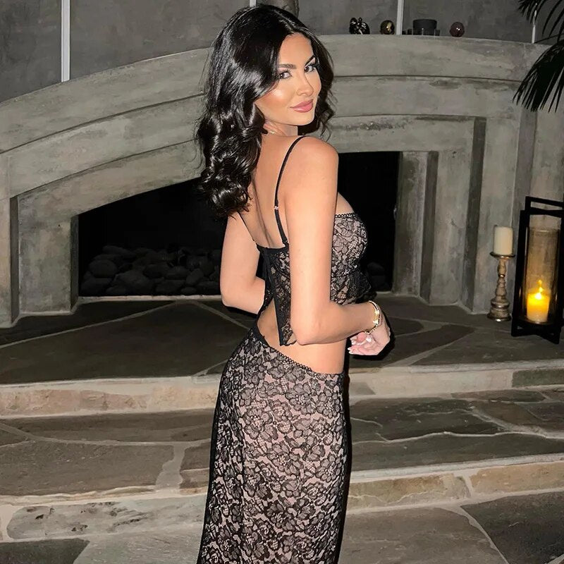 Lace Hollow Out Button Midi Black Skirt Sets Club Party Crop Top and High Waist Off Shoulder Summer Women Dress