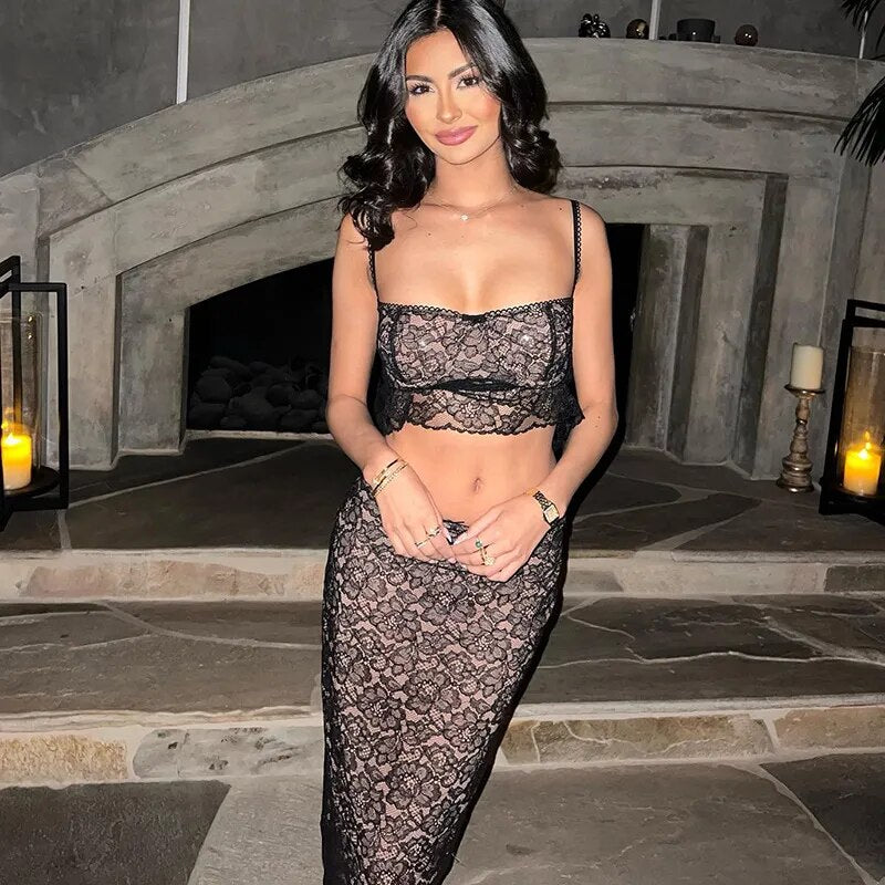 Lace Hollow Out Button Midi Black Skirt Sets Club Party Crop Top and High Waist Off Shoulder Summer Women Dress