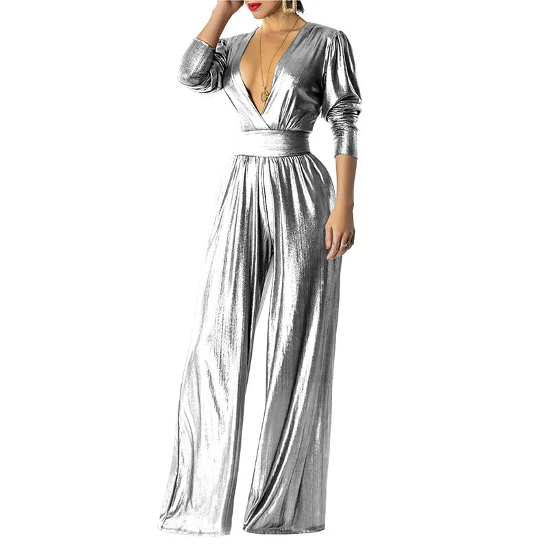 Ladys Deep V-neck Jumpsuit Sexy Long Sleeve Loose Romper Long Wide Legs Women Jumpsuits Fashion Glitter Metallic Streetwear