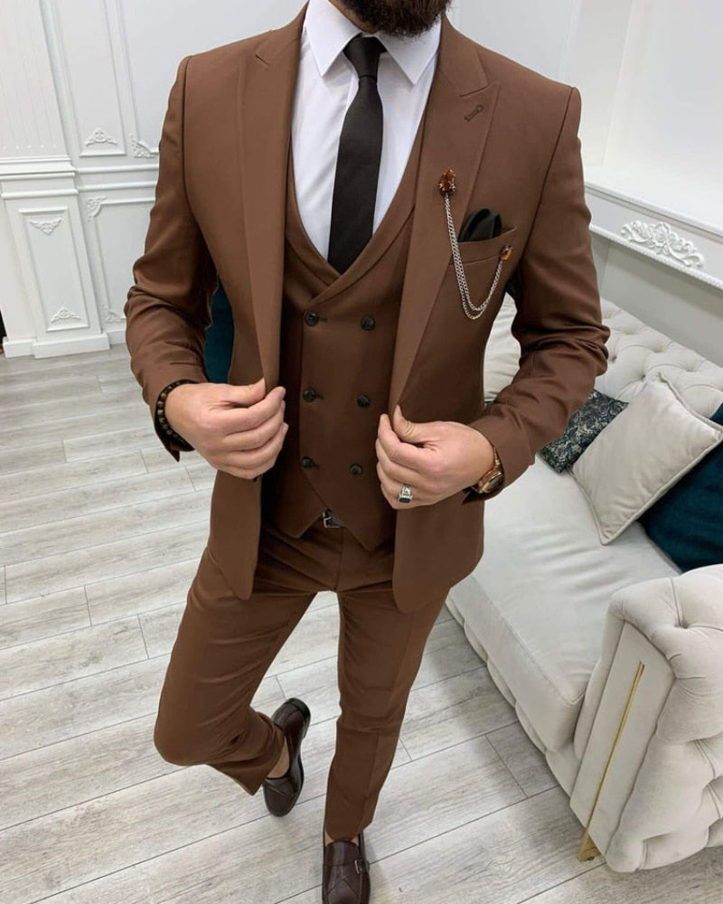 Brown 3 Pieces Men suits for Wedding Groom Tuxedos Tailored Jacket Vest Pants Sets Formal Business Party Prom Wear