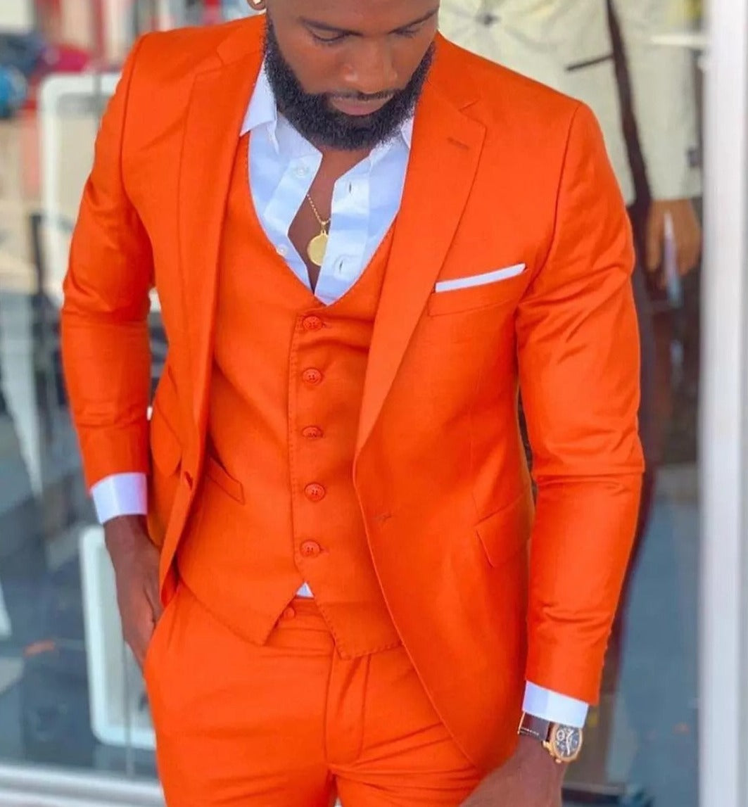 Bright Orange Men Suits Peak Lapel Costume Homme Tuxedo Prom Wedding Groom Blazer Terno Slim Fit 3 Pcs