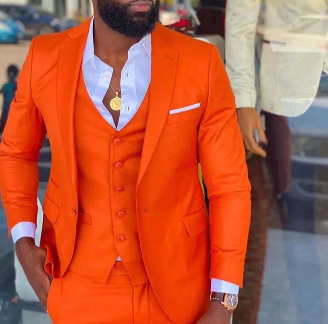Bright Orange Men Suits Peak Lapel Costume Homme Tuxedo Prom Wedding Groom Blazer Terno Slim Fit 3 Pcs