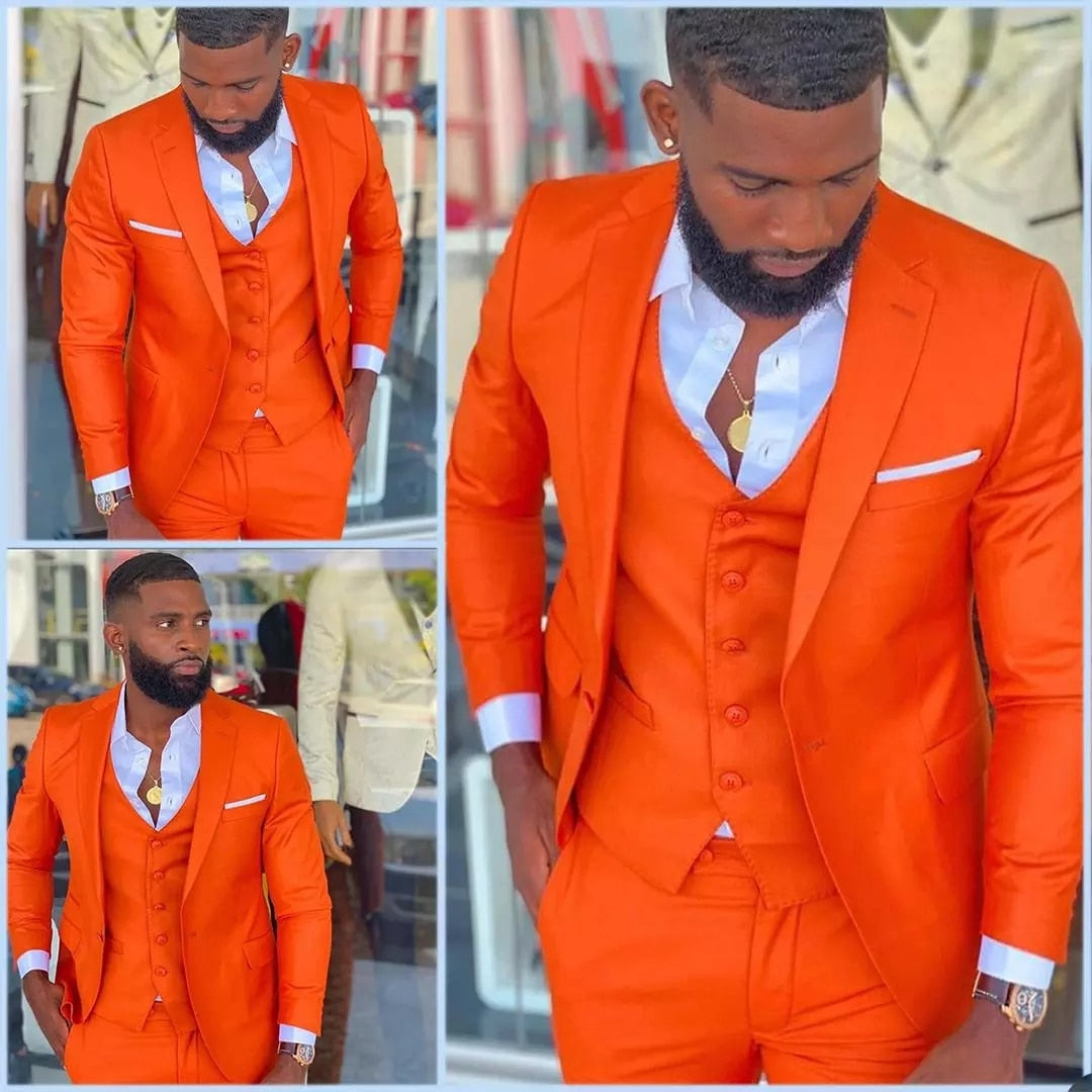 Bright Orange Men Suits Peak Lapel Costume Homme Tuxedo Prom Wedding Groom Blazer Terno Slim Fit 3 Pcs