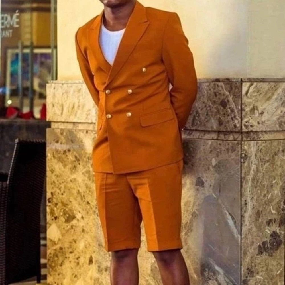 Peak Lapel Men Suits Prom Terno Groom Costume Double Breasted Blazer Wedding 2 Pieces (Jacket+Short Pants)