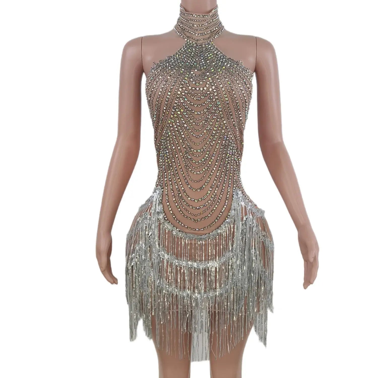 Summer Sleeveless Performance Crepe Evening Dresses Luxury Rhinestone Tassel Sexy Women Short Bodycon Dress