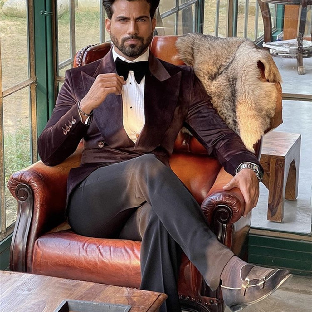 Velvet Men Suits With Belt Custom Made Wedding Tuxedo Terno Prom Groom 2 Pieces Slim Fit Blazer Jacket+Pant