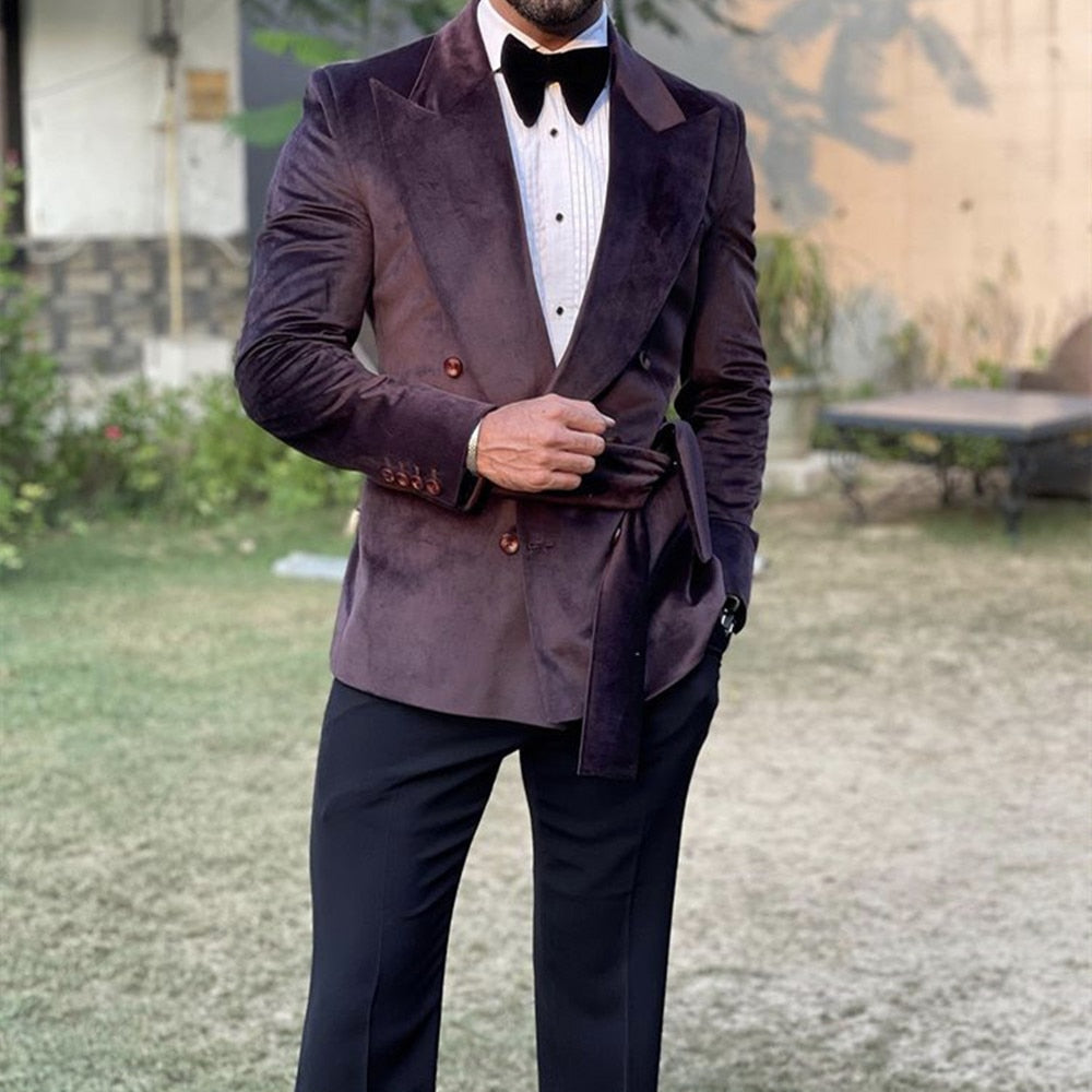 Velvet Men Suits With Belt Custom Made Wedding Tuxedo Terno Prom Groom 2 Pieces Slim Fit Blazer Jacket+Pant