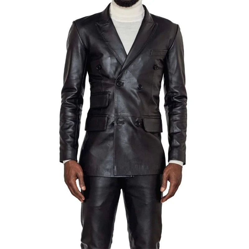 Leather Men Suits Set 2 Pcs Black Blazer+Pants Wedding Tuxedo Prom Dress Formal Double Breasted Party Jacket Custom Made