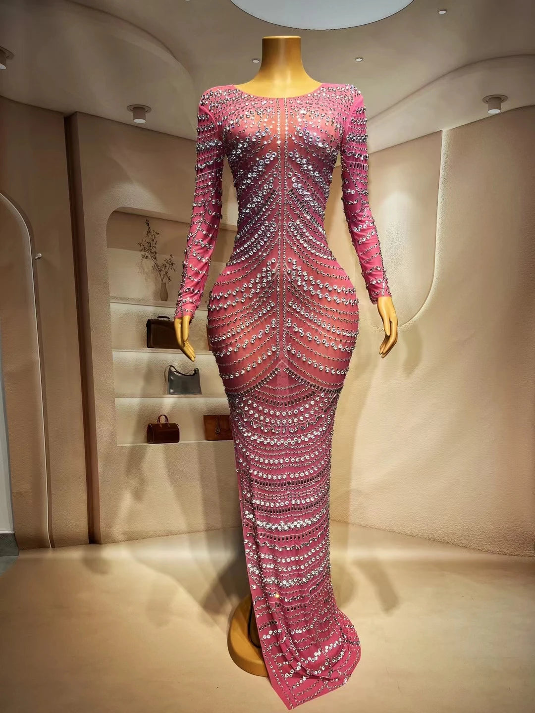 Long Glitter Pink Prom Dresses Sexy Mermaid Style Sheer Luxury Sparkly Beaded Silver Black Girl Formal Prom Gala Gowns