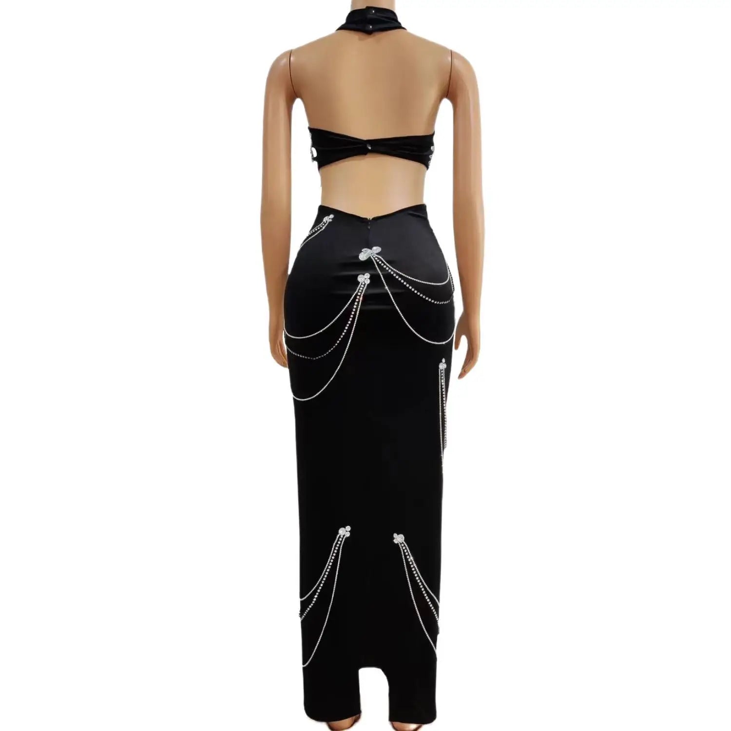 Long Prom Dresses Sexy Black Cut-out Style Luxury Diamond Chain Dresses Black Girl Prom Party Formal Gowns