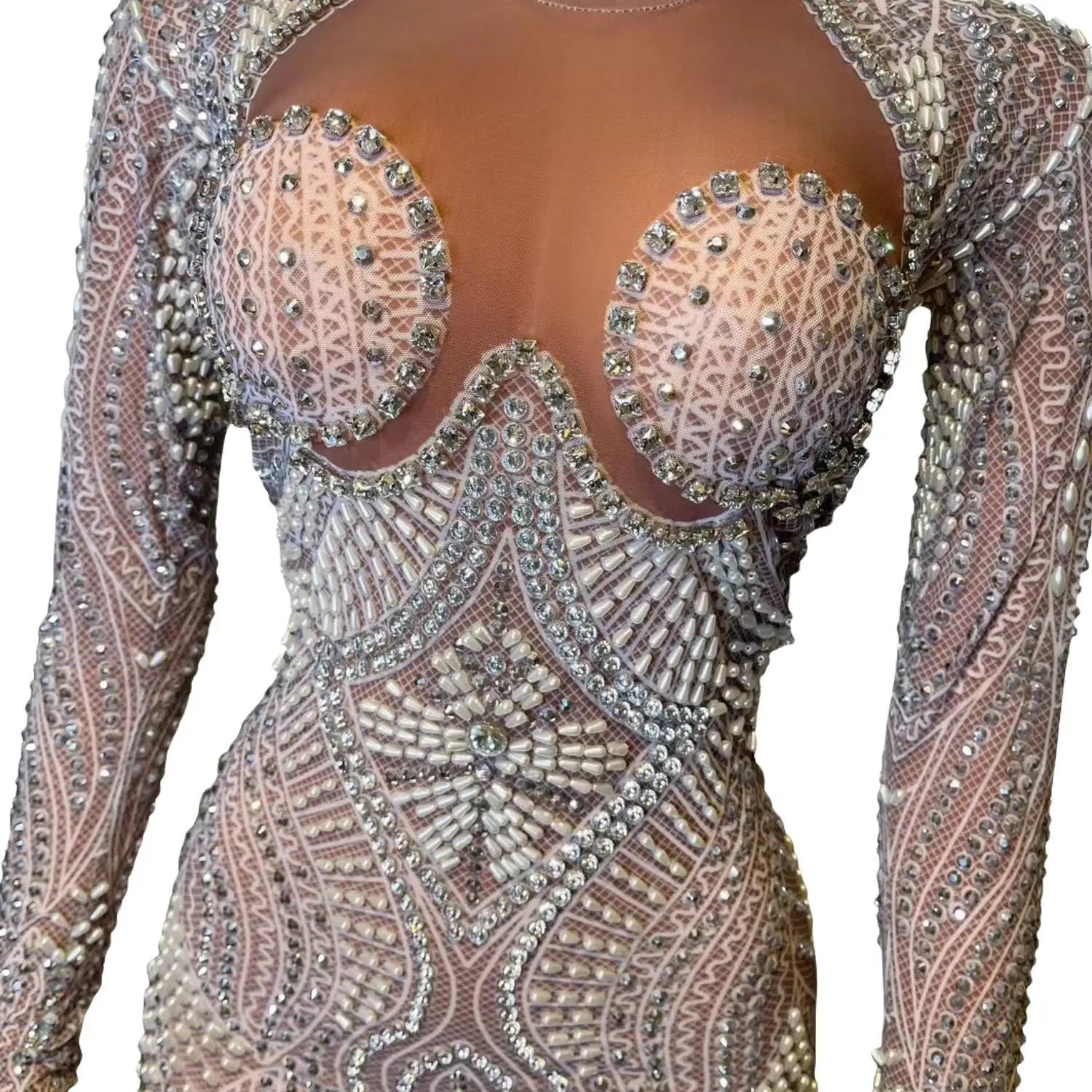 Long Prom Dresses for Women Sheer Mesh Top Luxury Sparkly Pearls Diamond Dresses Black Girls Prom Formal Party Gowns