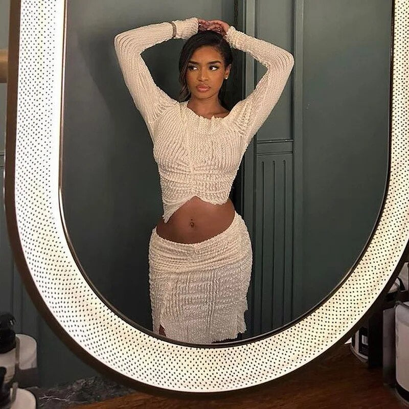 Long Sleeve Skew Collar Solid Elegant Women Sexy Crop Top Slit Skirts 2 Piece Sets Fashion Slim Women Evening Party Outfits