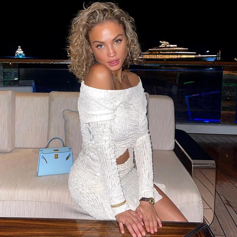 Long Sleeve Skew Collar Solid Elegant Women Sexy Crop Top Slit Skirts 2 Piece Sets Fashion Slim Women Evening Party Outfits