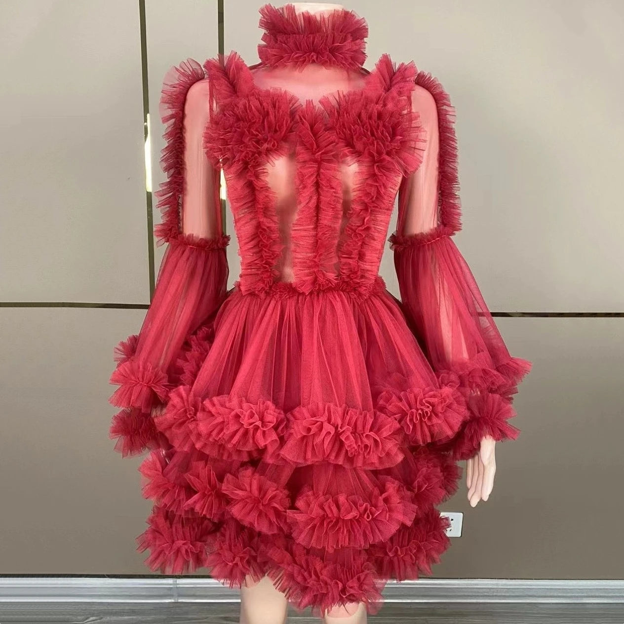 Lovely Fluffy Mesh Dress Trumpet-Sleeve Princess Layered Dress Evening Party Prom Nightclub Performance Costume Stage Wear