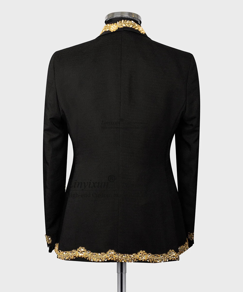 Luxurious Beaded Gold Appliques Men Suits Groom Wedding Tuxedos 3 Pieces Sets Male Prom Blazers Pants Outfit