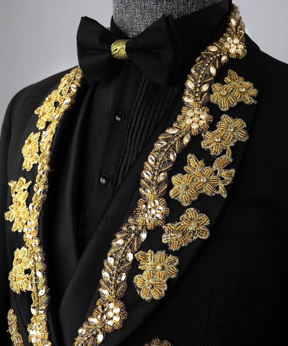 Luxurious Beaded Gold Appliques Men Suits Groom Wedding Tuxedos 3 Pieces Sets Male Prom Blazers Pants Outfit