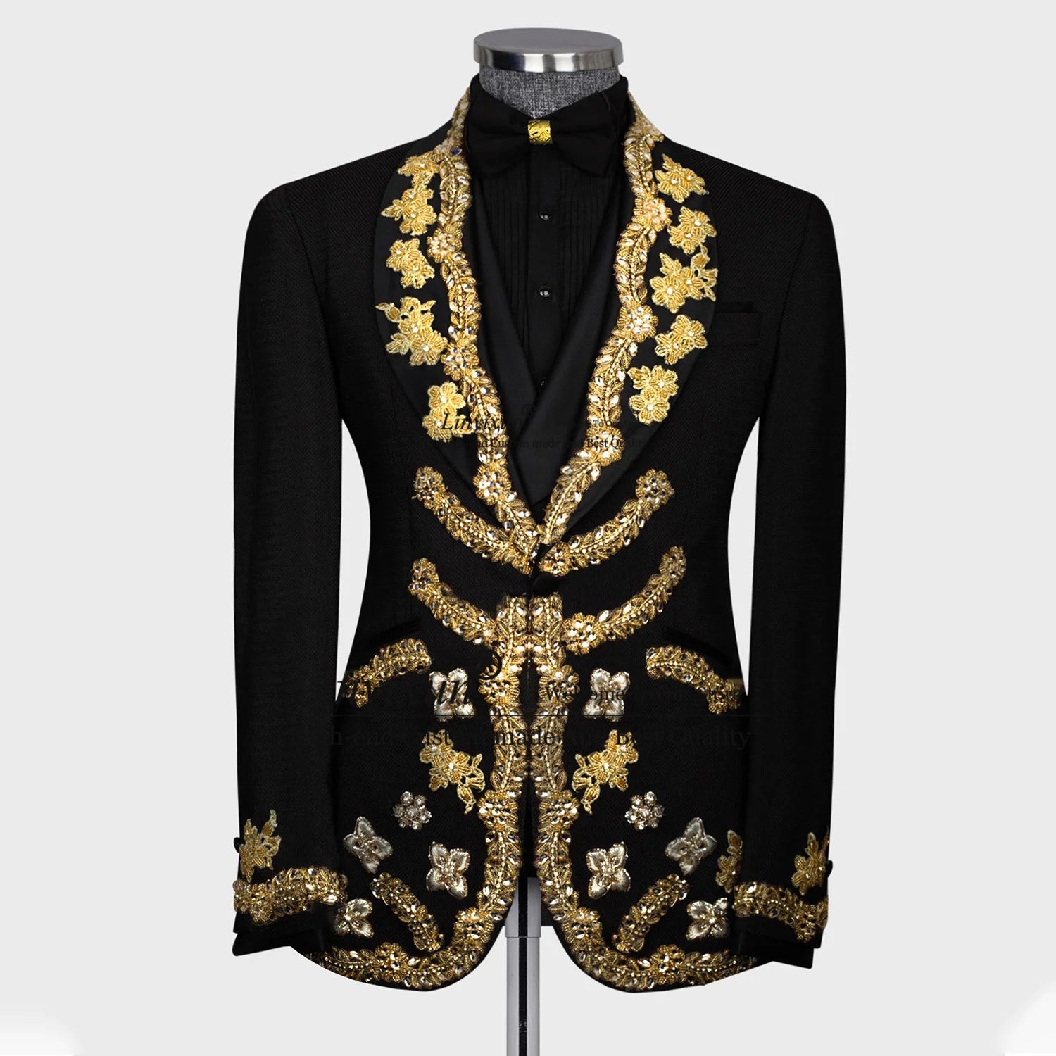 Luxurious Beaded Gold Appliques Men Suits Groom Wedding Tuxedos 3 Pieces Sets Male Prom Blazers Pants Outfit