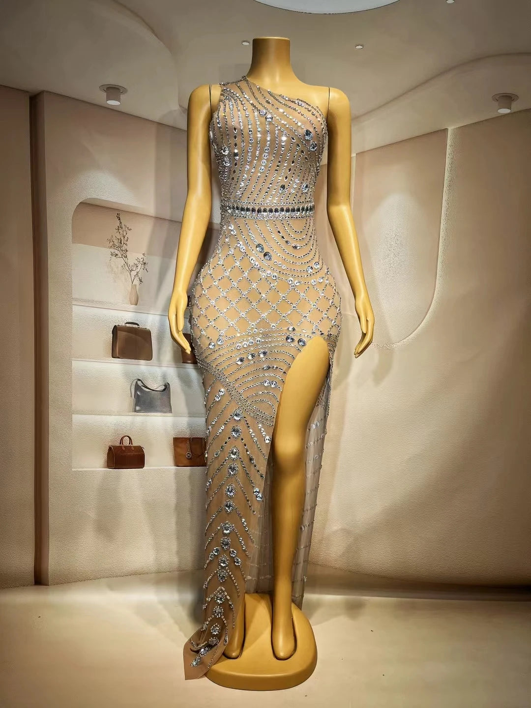 Luxurious Birthday Celebrate Silver Rhinestones Dress Singer Dance Singel Shoulder Dress Mesh Stretch High Fork Outfit