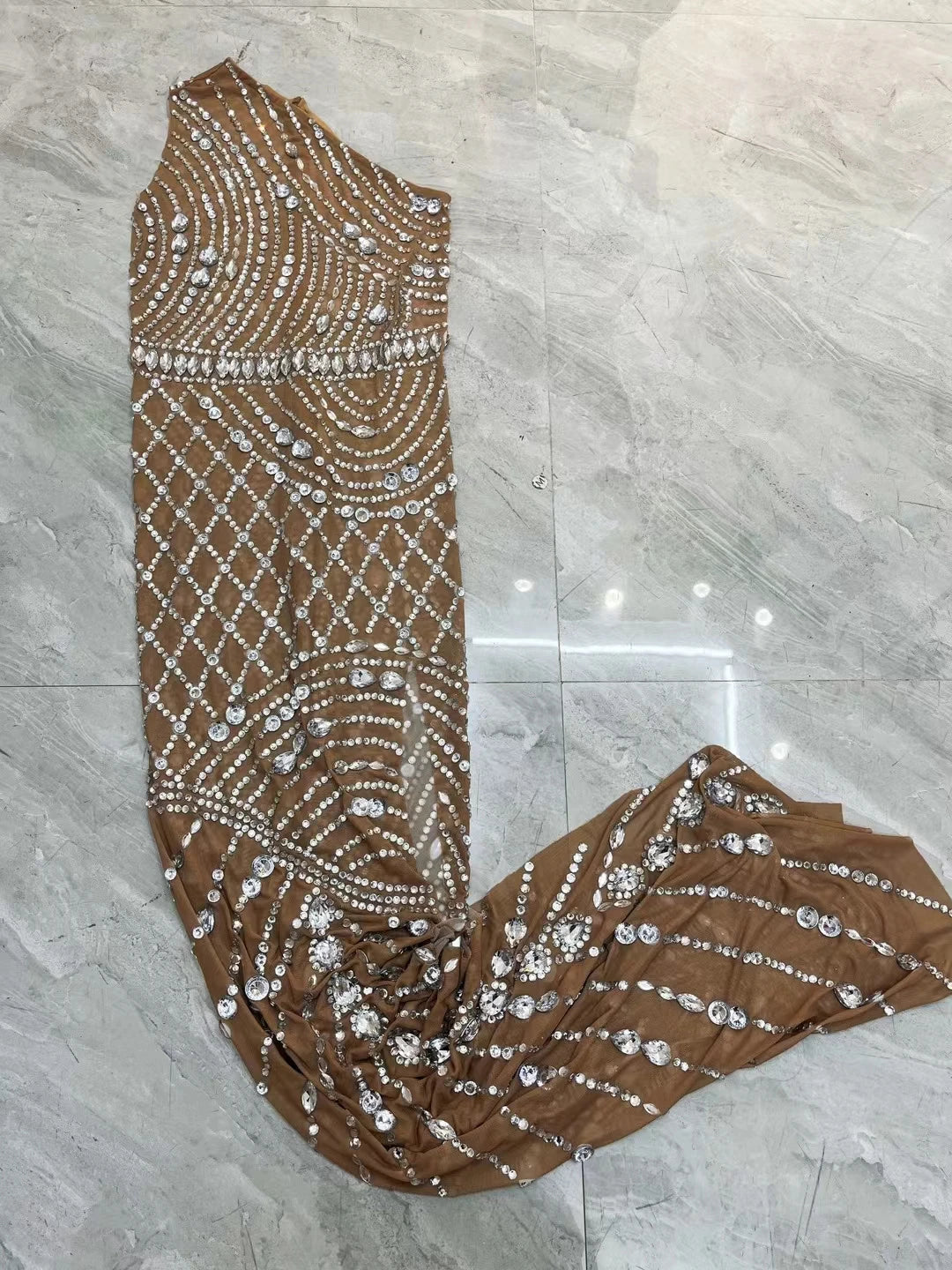 Luxurious Birthday Celebrate Silver Rhinestones Dress Singer Dance Singel Shoulder Dress Mesh Stretch High Fork Outfit