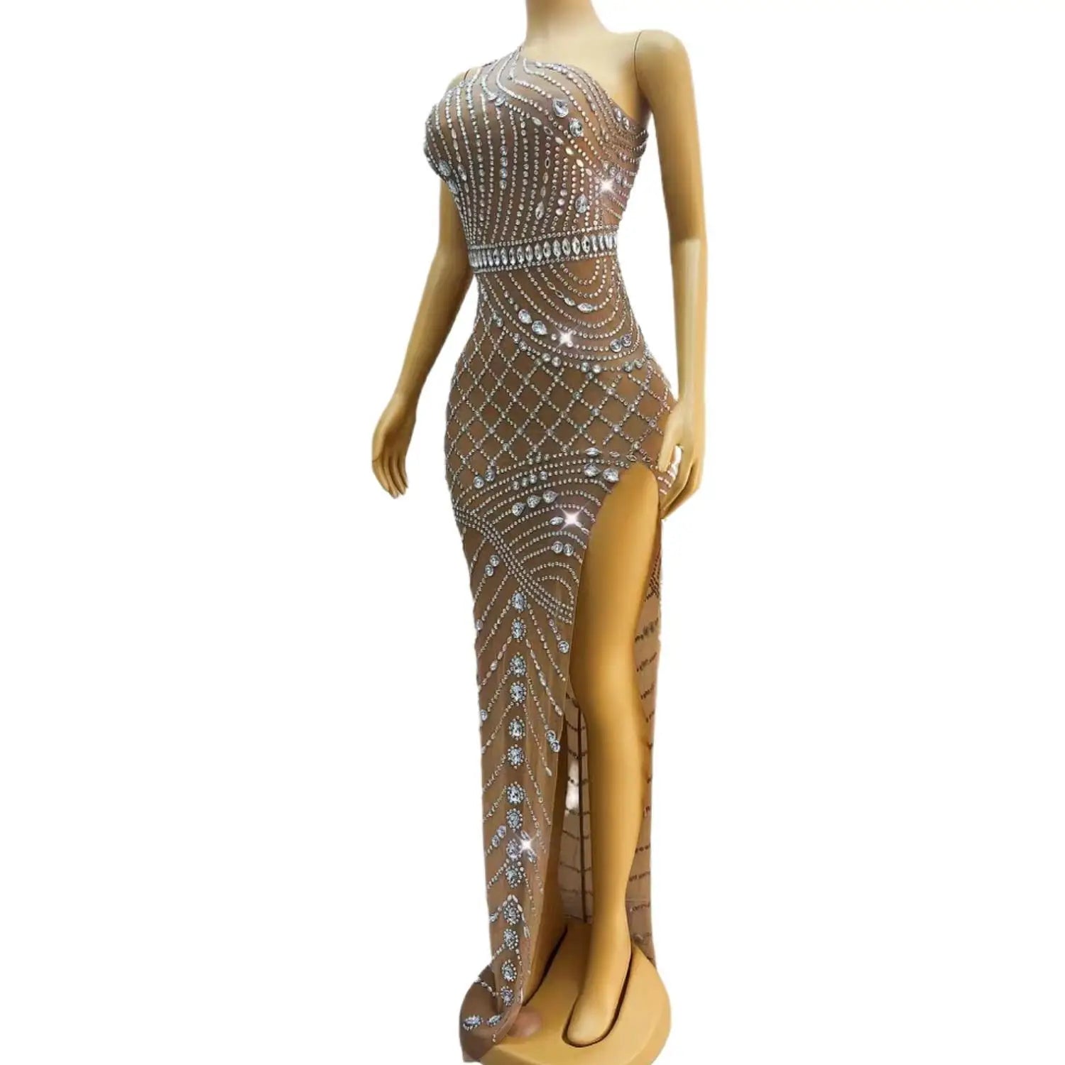 Luxurious Birthday Celebrate Silver Rhinestones Dress Singer Dance Singel Shoulder Dress Mesh Stretch High Fork Outfit