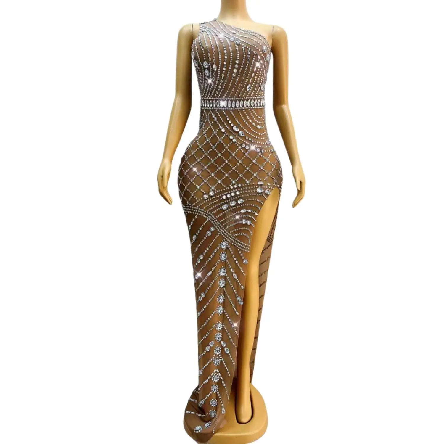 Luxurious Birthday Celebrate Silver Rhinestones Dress Singer Dance Singel Shoulder Dress Mesh Stretch High Fork Outfit