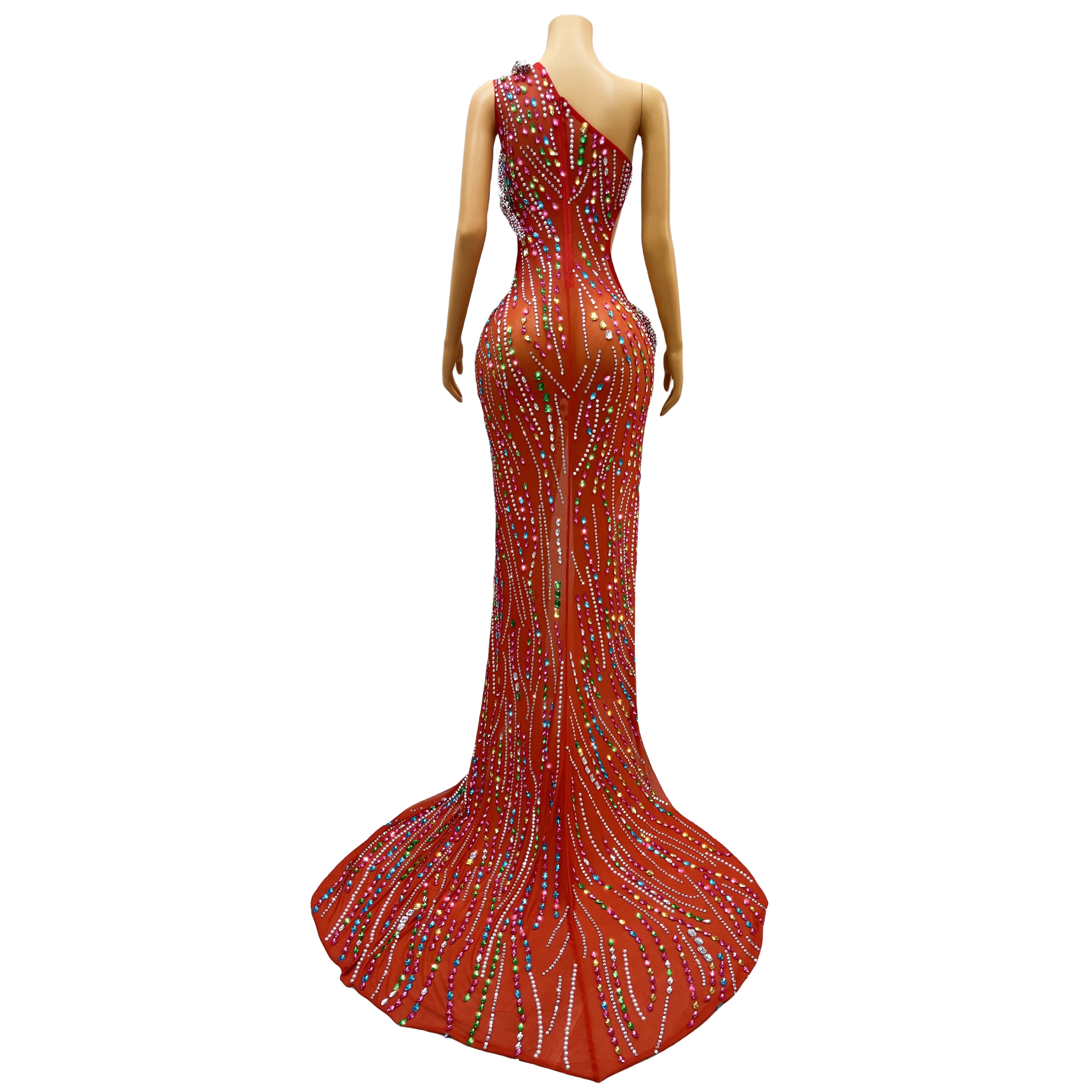 Luxurious Colorful Crystals Big Train Split Dress Evening Birthday Celebrate Party Film Festival Rhinestones Costume
