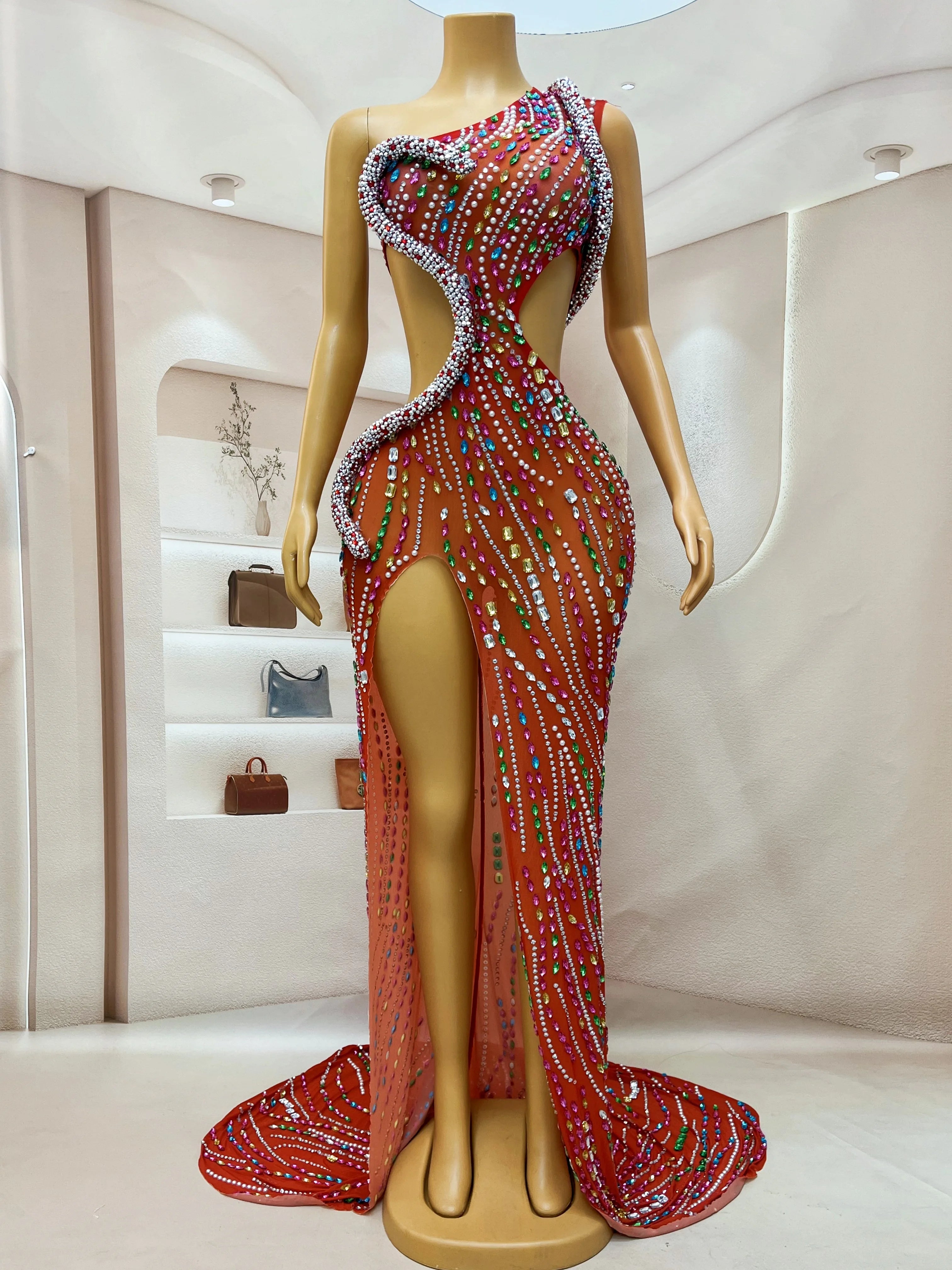 Luxurious Colorful Crystals Big Train Split Dress Evening Birthday Celebrate Party Film Festival Rhinestones Costume