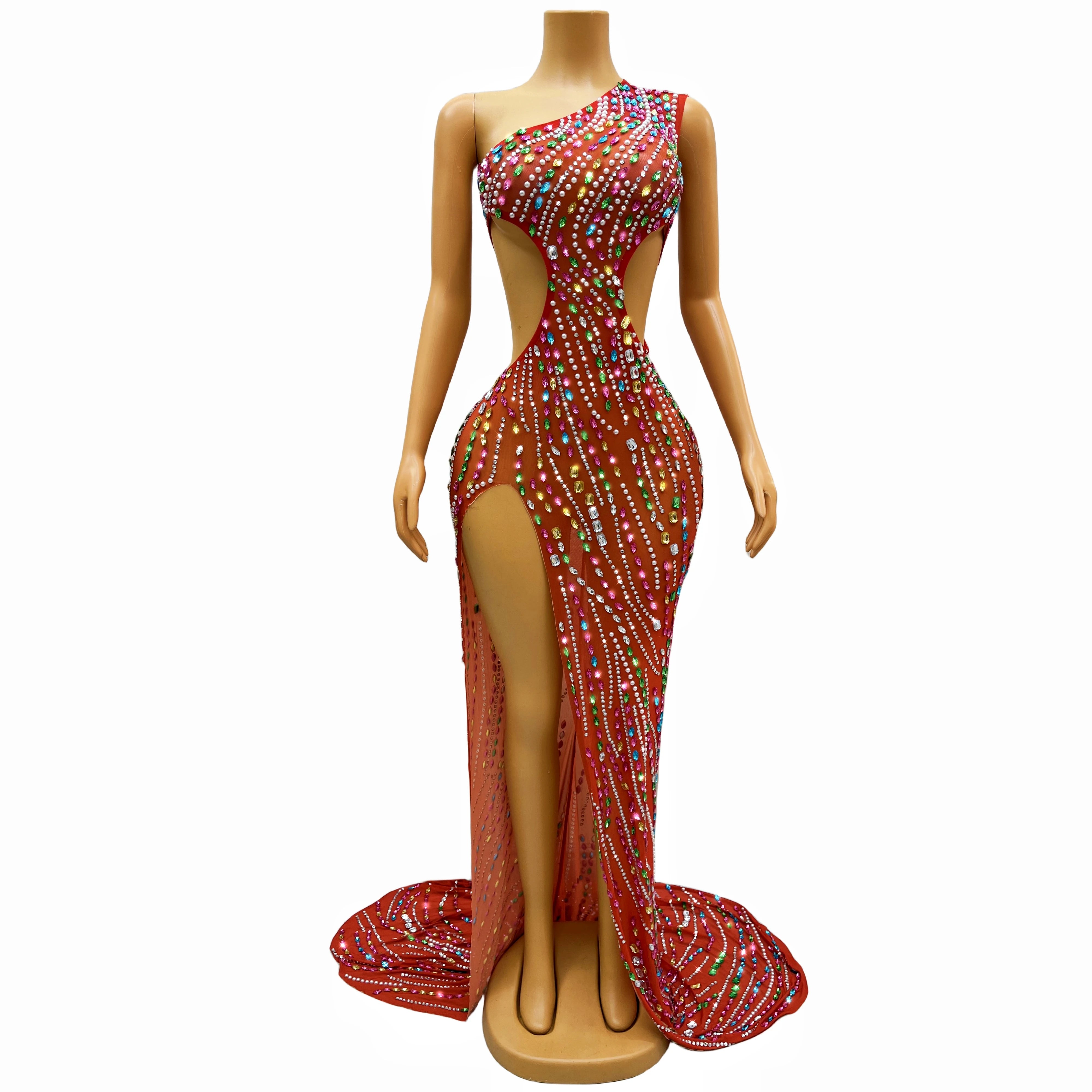 Luxurious Colorful Crystals Big Train Split Dress Evening Birthday Celebrate Party Film Festival Rhinestones Costume