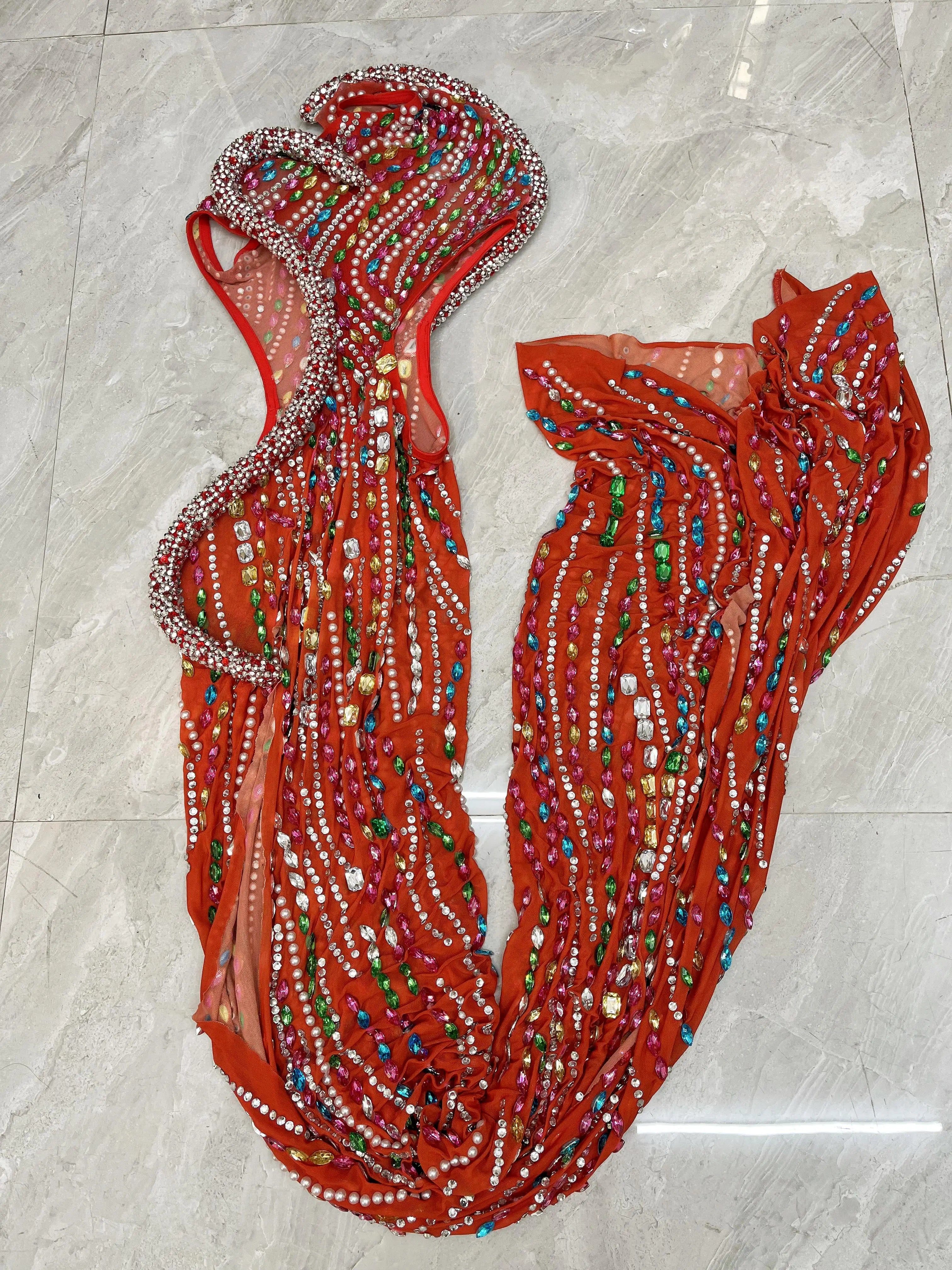 Luxurious Colorful Crystals Big Train Split Dress Evening Birthday Celebrate Party Film Festival Rhinestones Costume