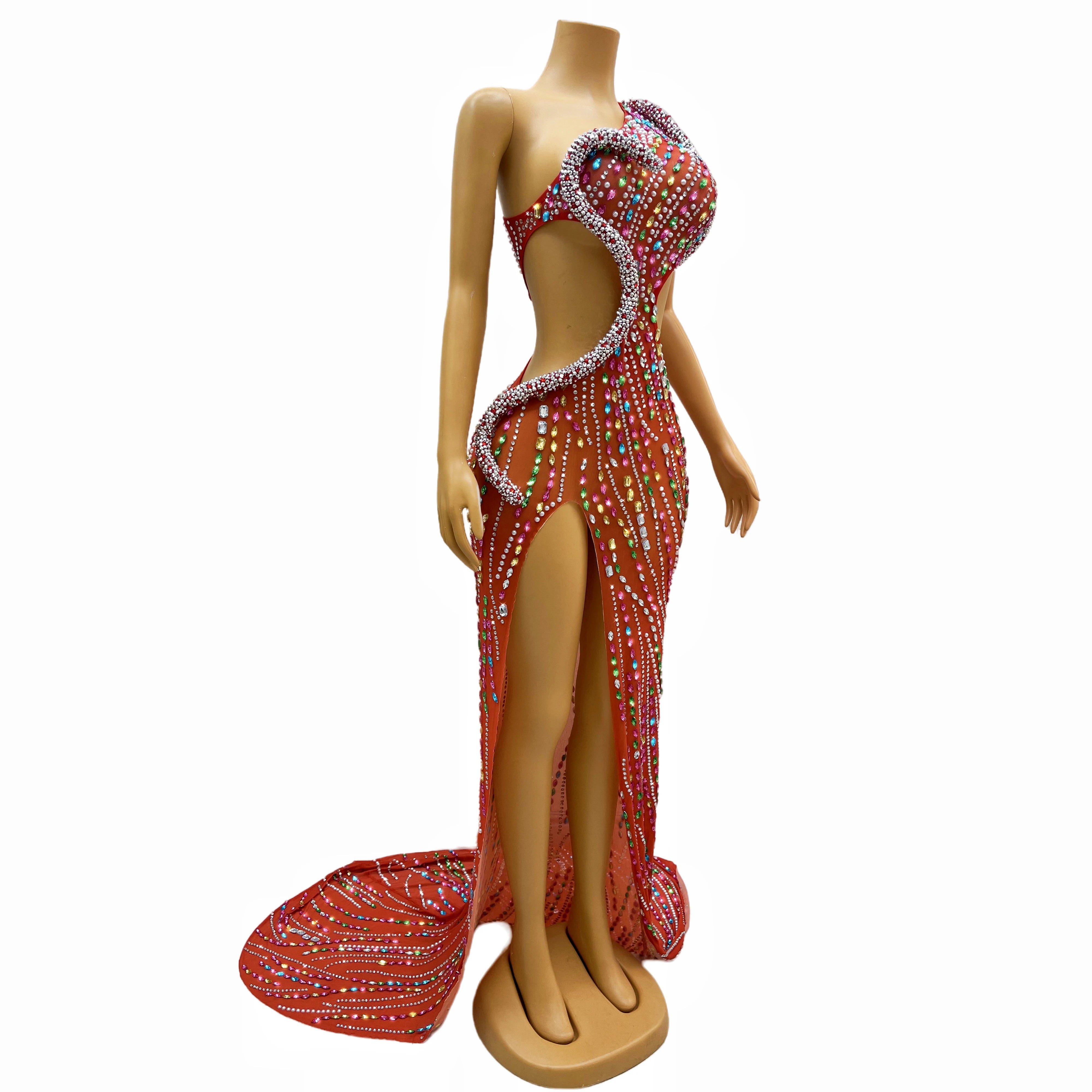 Luxurious Colorful Crystals Big Train Split Dress Evening Birthday Celebrate Party Film Festival Rhinestones Costume