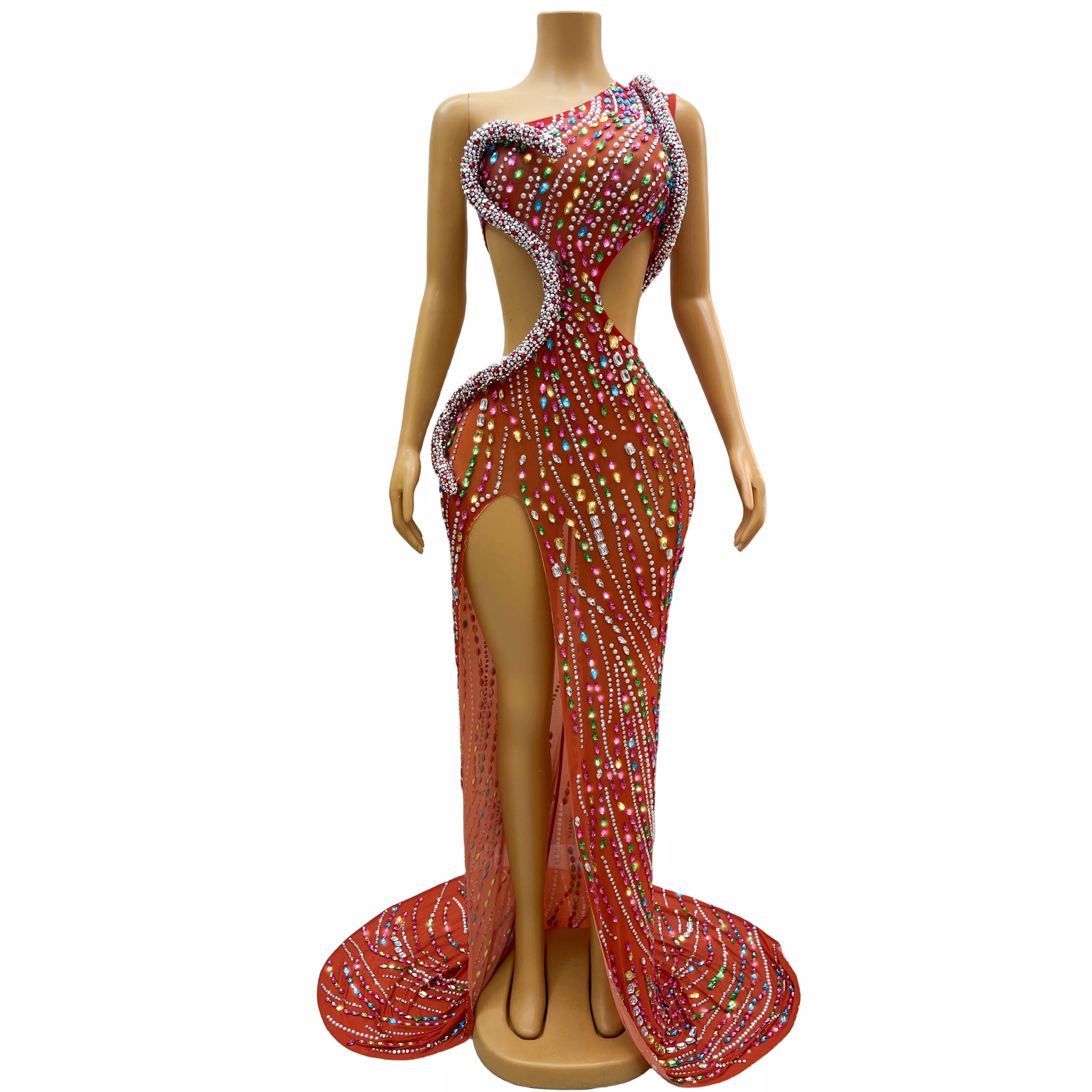 Luxurious Colorful Crystals Big Train Split Dress Evening Birthday Celebrate Party Film Festival Rhinestones Costume