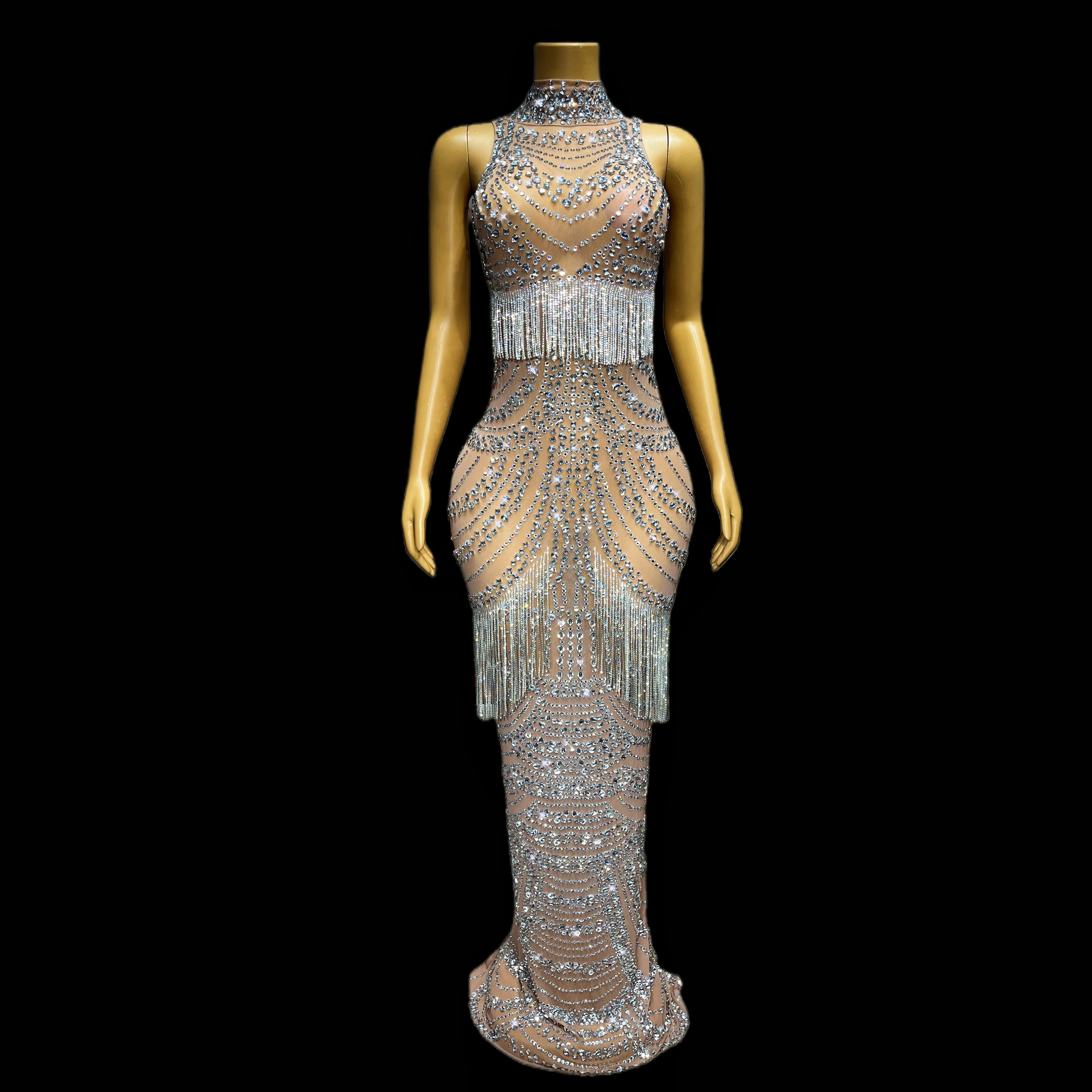 Luxurious Crystals Fringes Rhinestones Stretch Dress Birthday Celebrate Outfit Evening Dance SInger Performance Costume