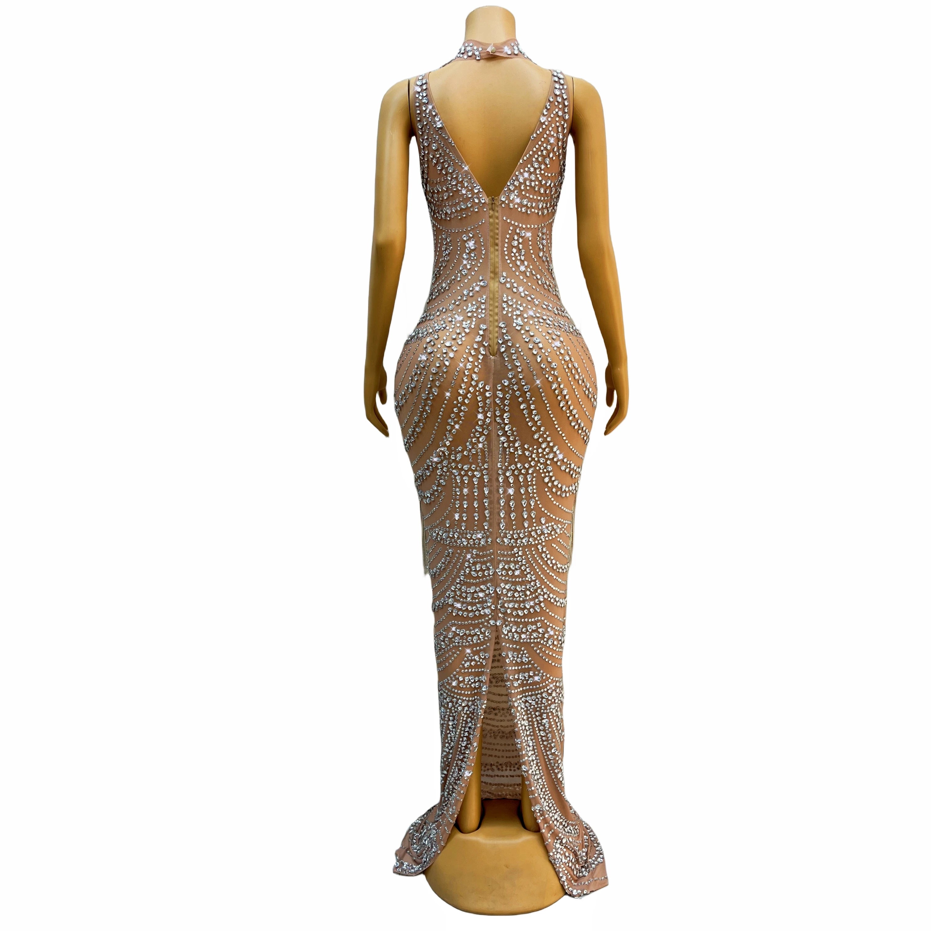 Luxurious Crystals Fringes Rhinestones Stretch Dress Birthday Celebrate Outfit Evening Dance SInger Performance Costume