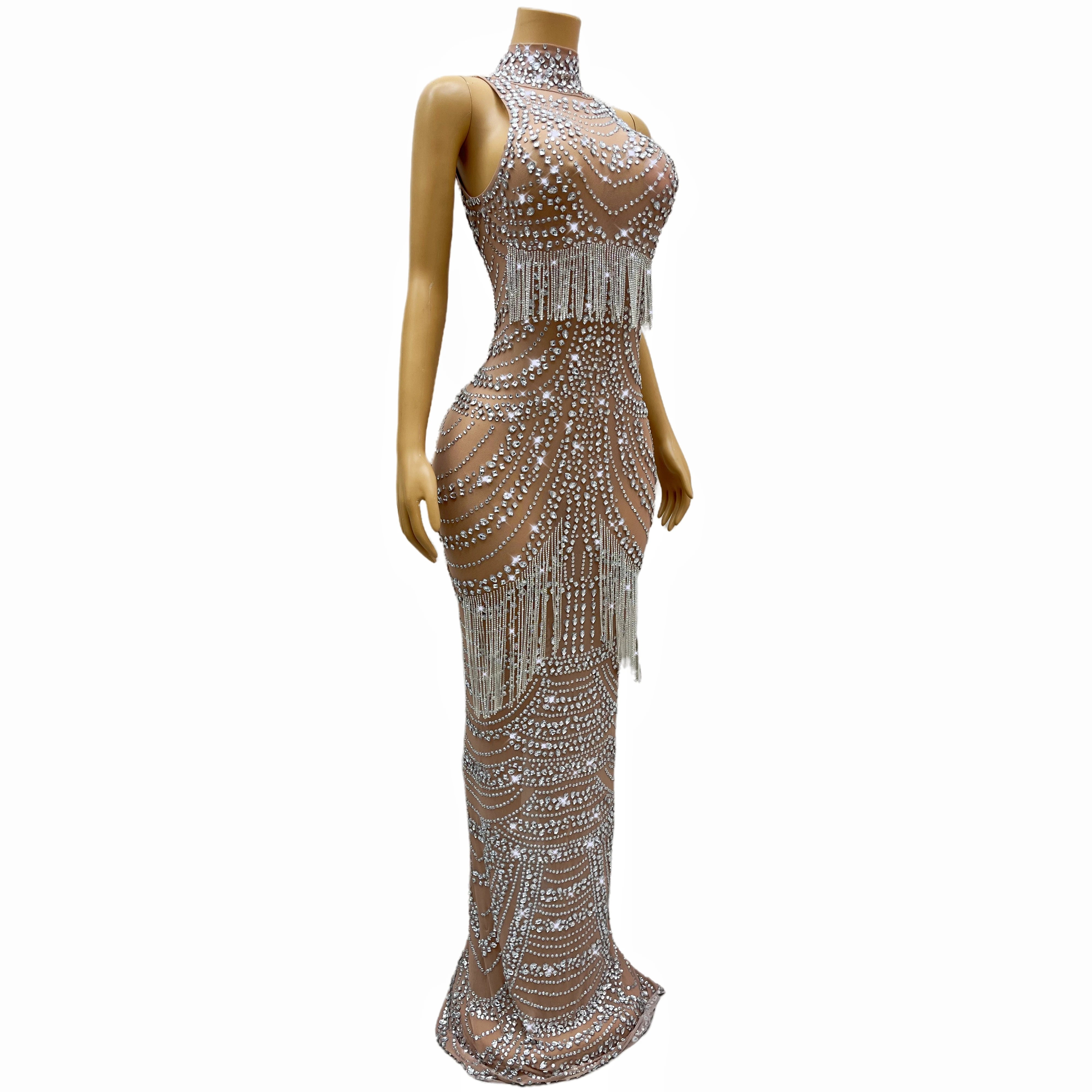 Luxurious Crystals Fringes Rhinestones Stretch Dress Birthday Celebrate Outfit Evening Dance SInger Performance Costume