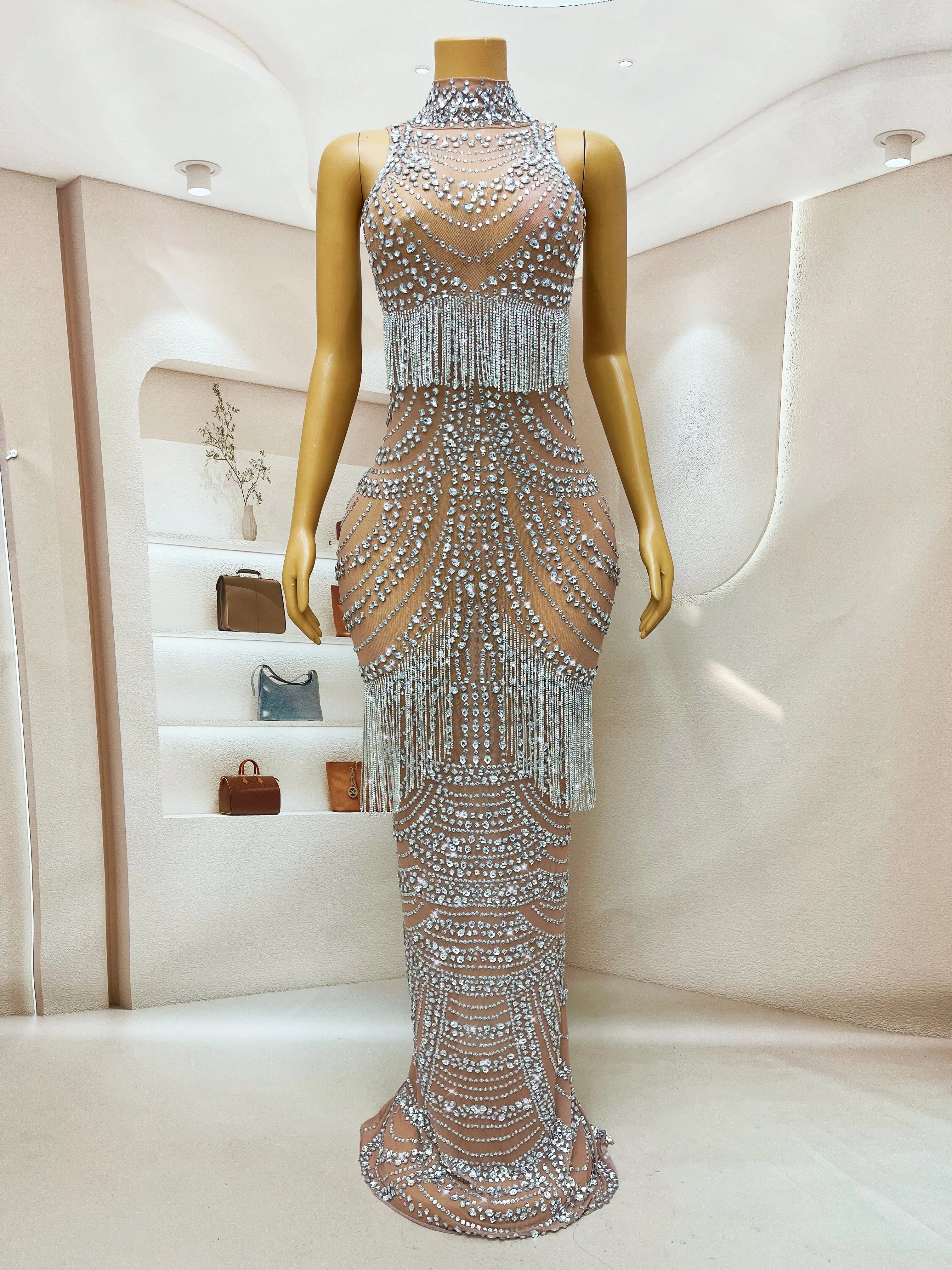 Luxurious Crystals Fringes Rhinestones Stretch Dress Birthday Celebrate Outfit Evening Dance SInger Performance Costume