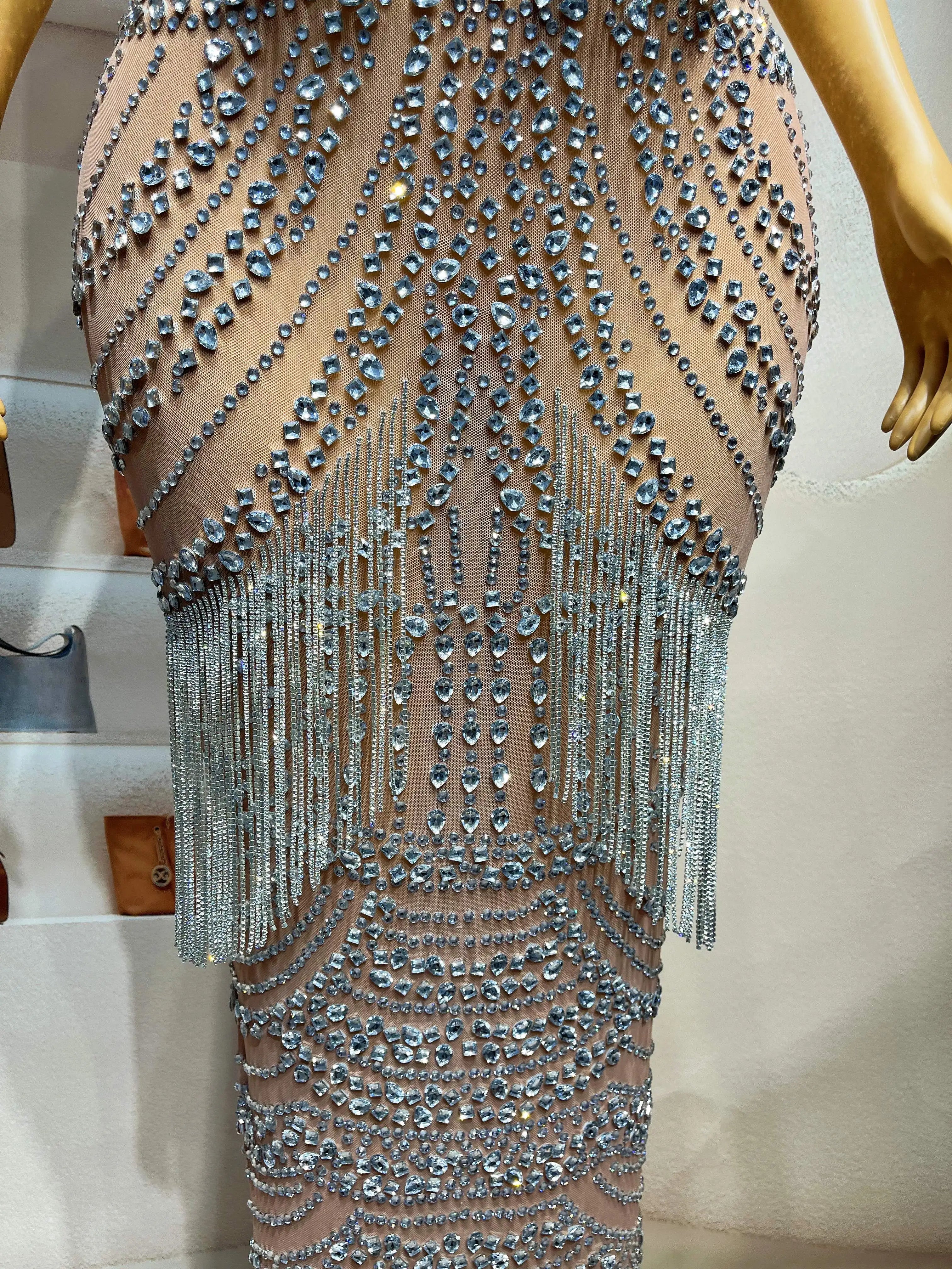 Luxurious Crystals Fringes Rhinestones Stretch Dress Birthday Celebrate Outfit Evening Dance SInger Performance Costume
