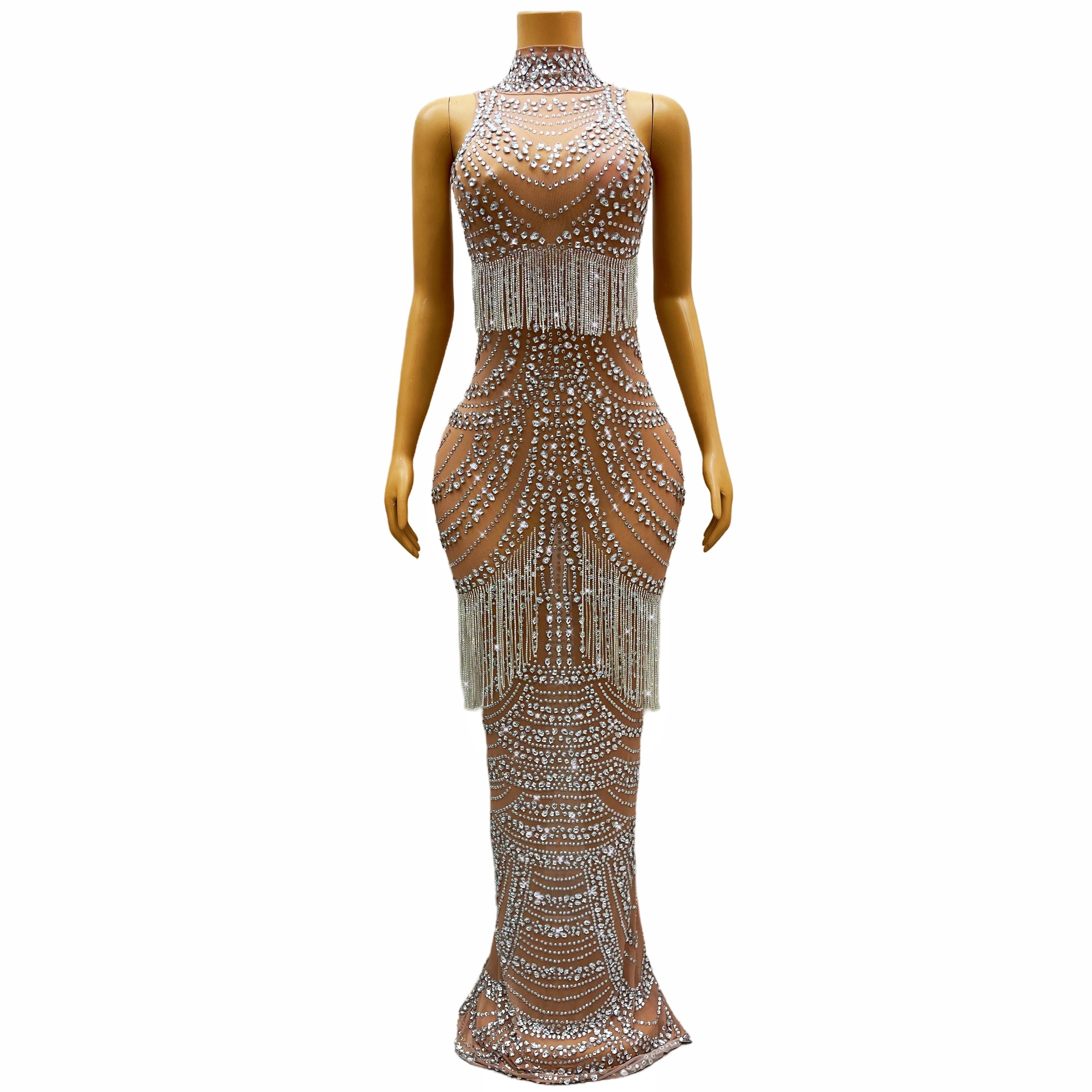 Luxurious Crystals Fringes Rhinestones Stretch Dress Birthday Celebrate Outfit Evening Dance SInger Performance Costume