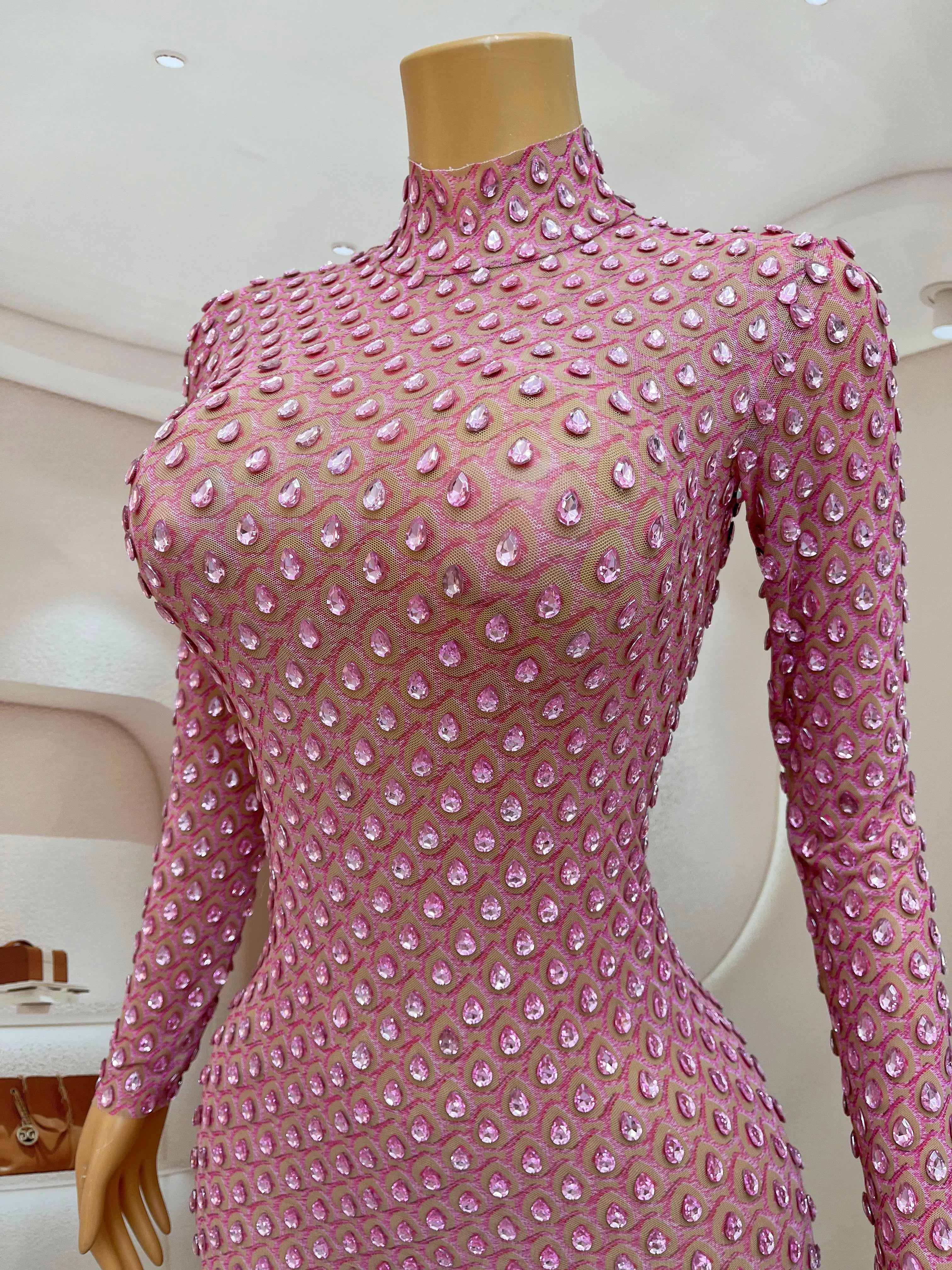 Luxurious Full Pink Stones Dress Evening Birthday Celebrate Rhinestones Outfit Long Sleeves Party Rhinestones Costume
