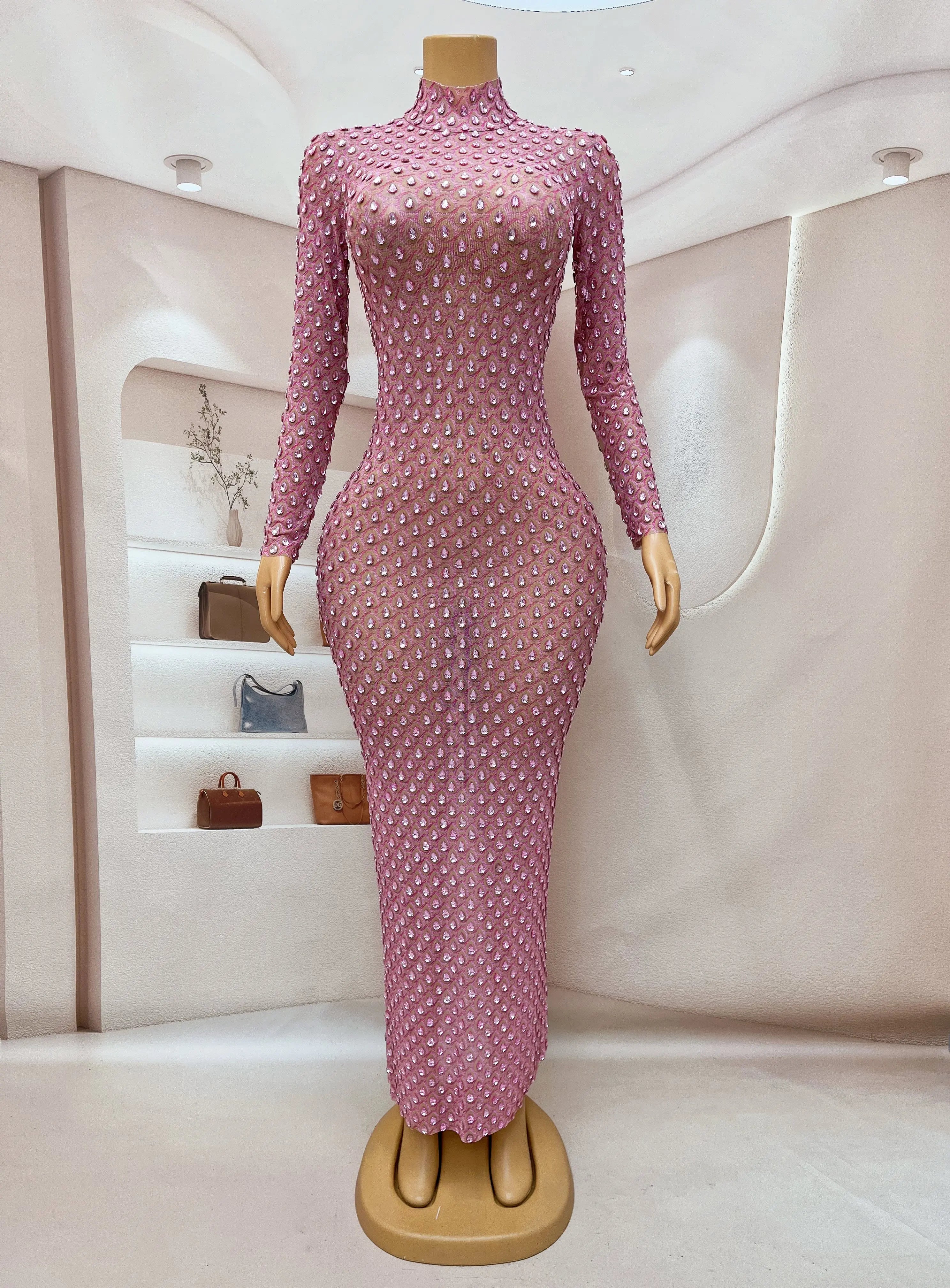Luxurious Full Pink Stones Dress Evening Birthday Celebrate Rhinestones Outfit Long Sleeves Party Rhinestones Costume